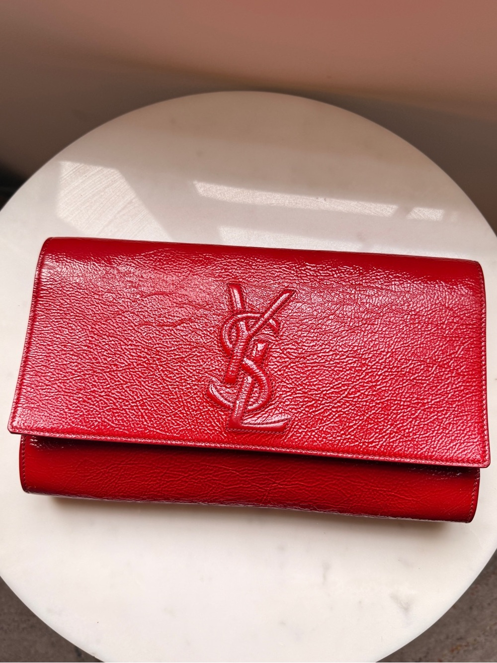 Saint Laurent Red Patent Leather Monogram Clutch